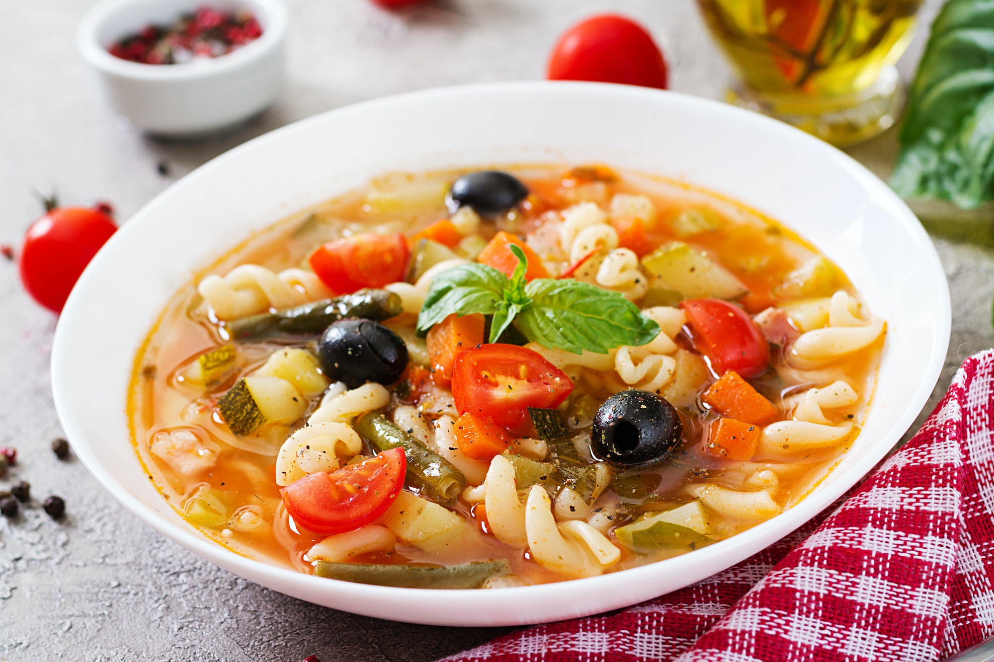 Minestrone, italian vegetable soup with pasta. Vegan food